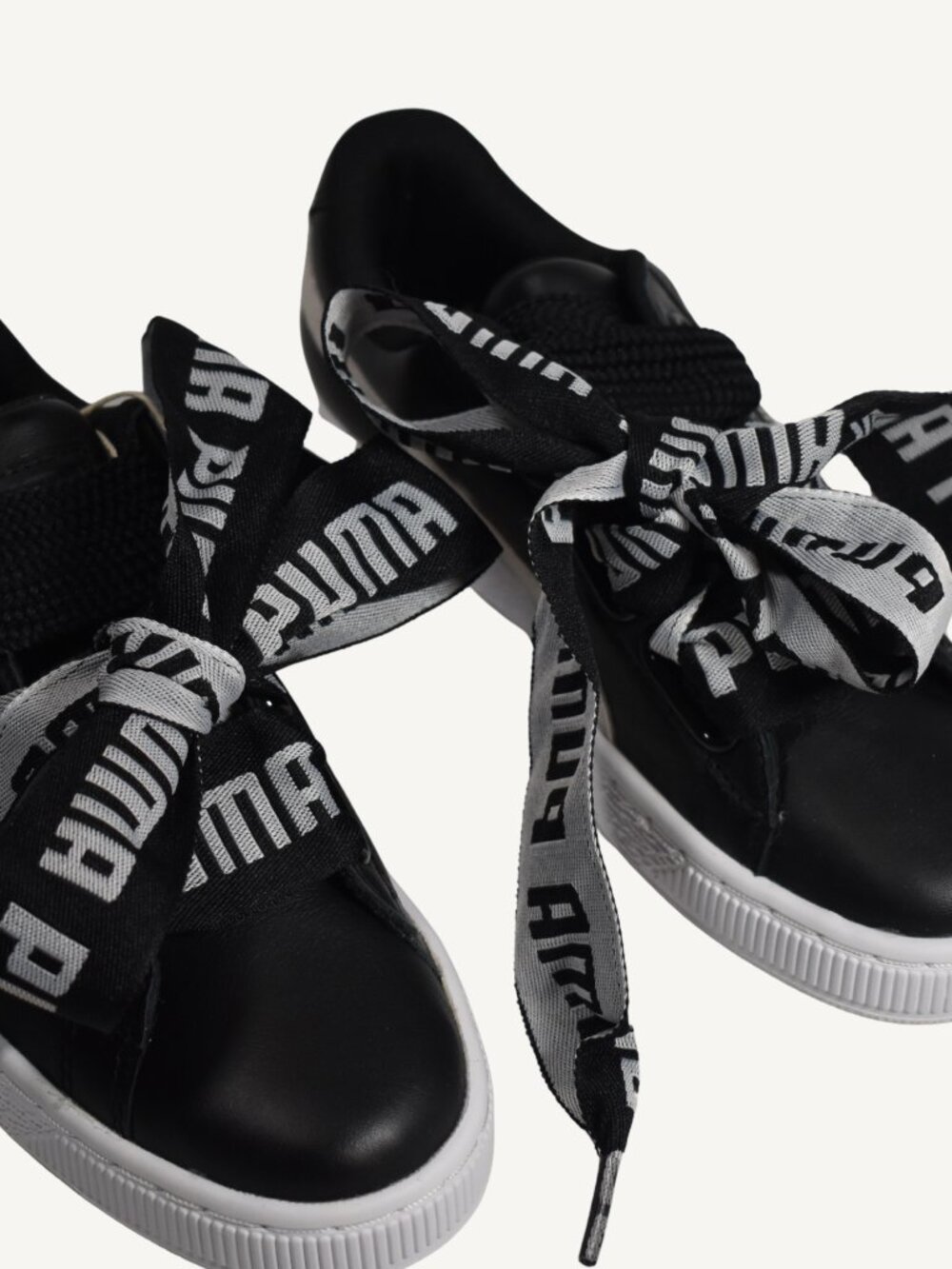 NWT Puma Basket Heart DE Black White Sneakers Ribbon Laces Womens 6